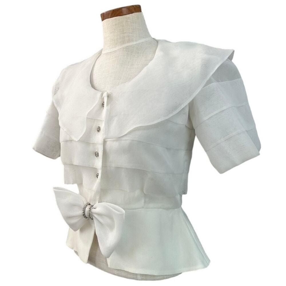 Ann Hobbs Cattiva Organza Tiered Bow Blouse White 80s Union Made USA Women XS - Picture 3 of 13